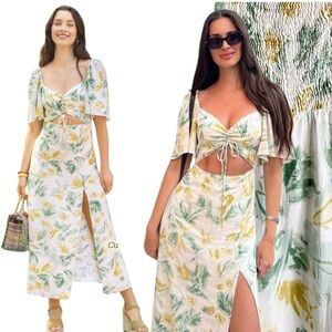 Zara Floral Cutout Midi Dress Green Flutter Sleeves Resort Vacation Tropical S